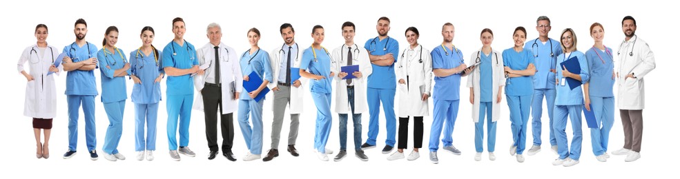 Different healthcare workers in uniforms on white background