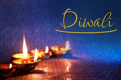 Image of Happy Diwali greeting card, Hindu festival of lights. Diya lamps on color background