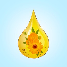 Image of Calendula essential oil drop with flowers inside on light blue background