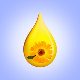 Image of Calendula essential oil drop with flower inside on blue violet background