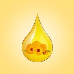 Image of Calendula essential oil drop with flowers inside on golden background