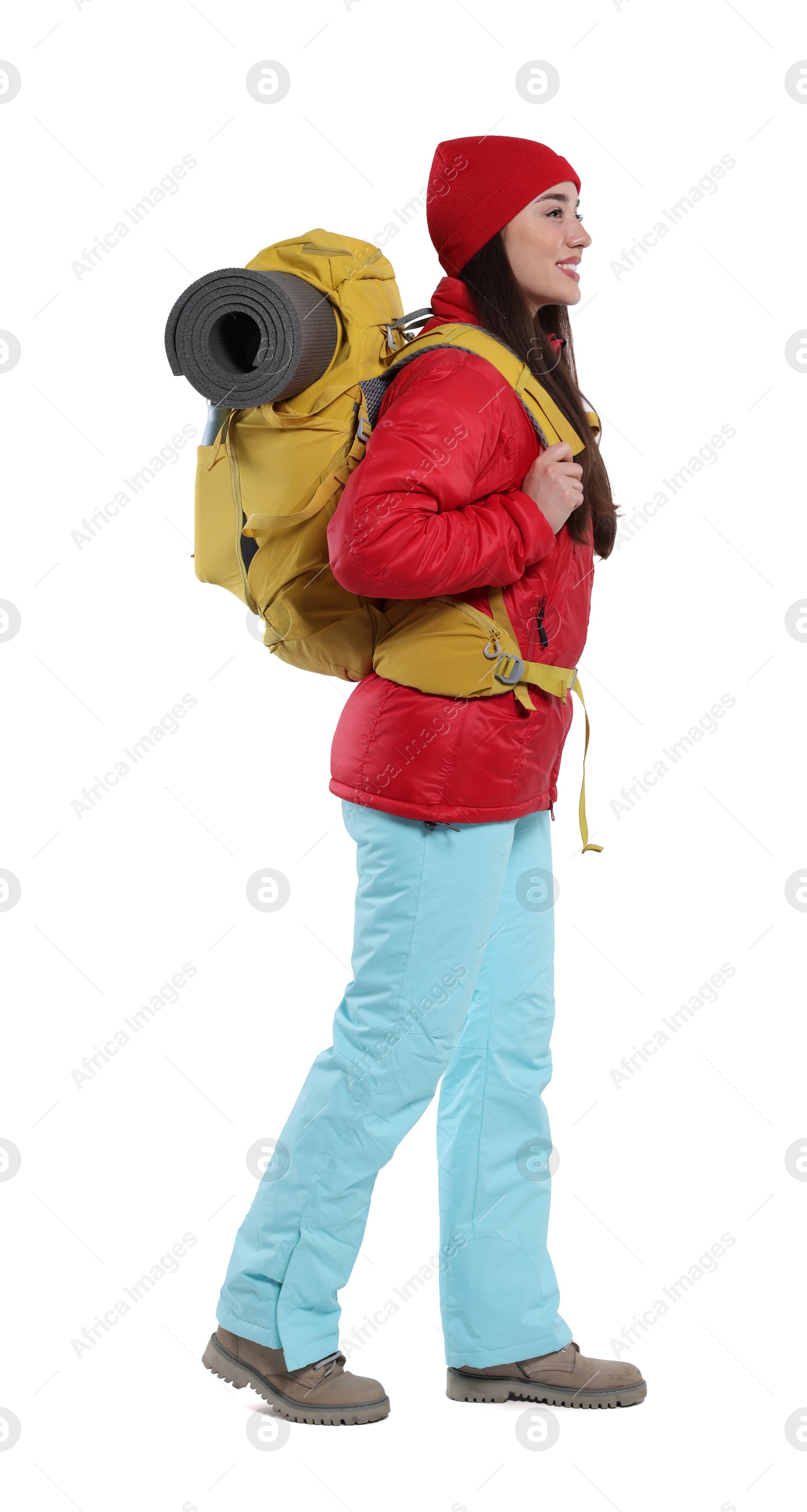 Photo of Woman with backpack on white background. Active tourism