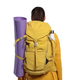 Photo of Woman with backpack and mat on white background, back view. Active tourism