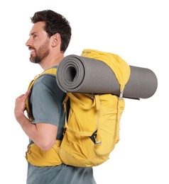 Photo of Man with backpack on white background. Active tourism