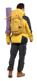 Man with backpack on white background, back view. Active tourism