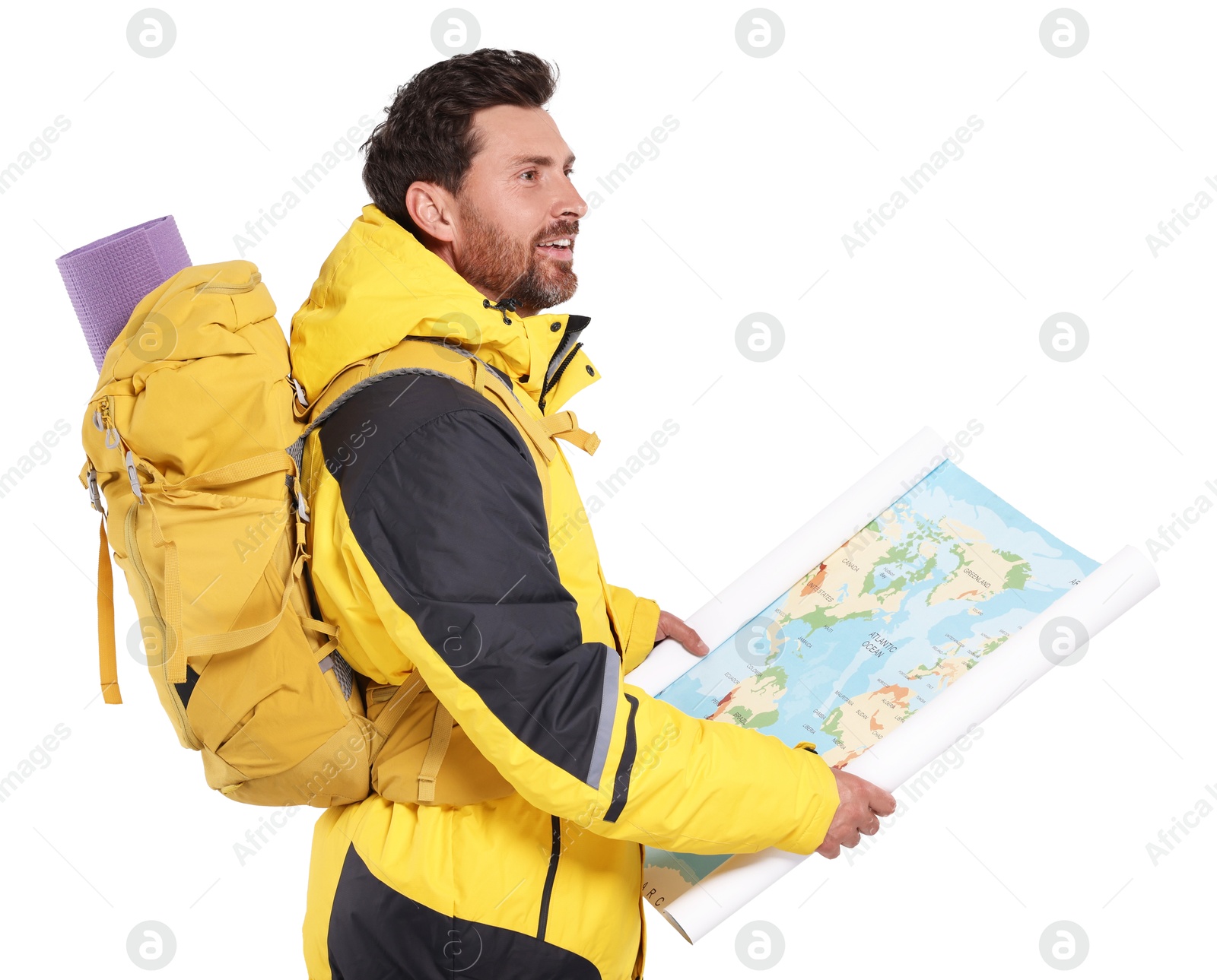 Photo of Happy man with backpack and map on white background. Active tourism