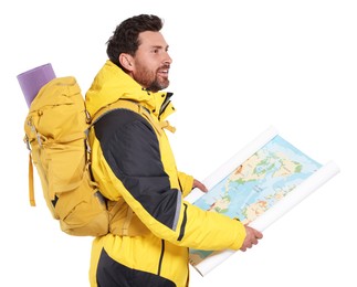 Happy man with backpack and map on white background. Active tourism