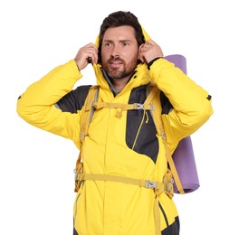 Photo of Man with backpack on white background. Active tourism