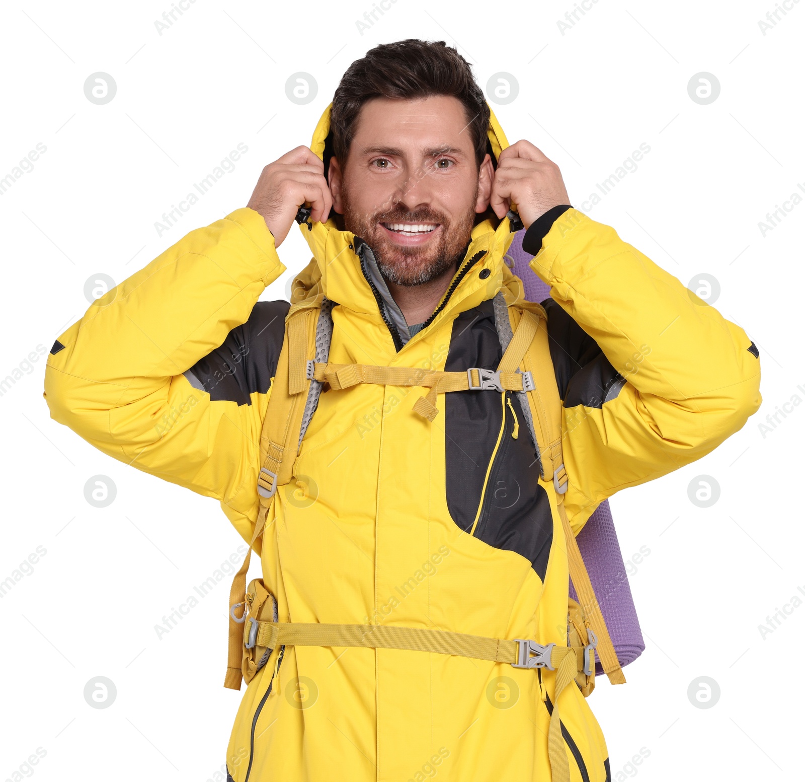 Photo of Happy man with backpack on white background. Active tourism