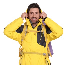 Happy man with backpack on white background. Active tourism