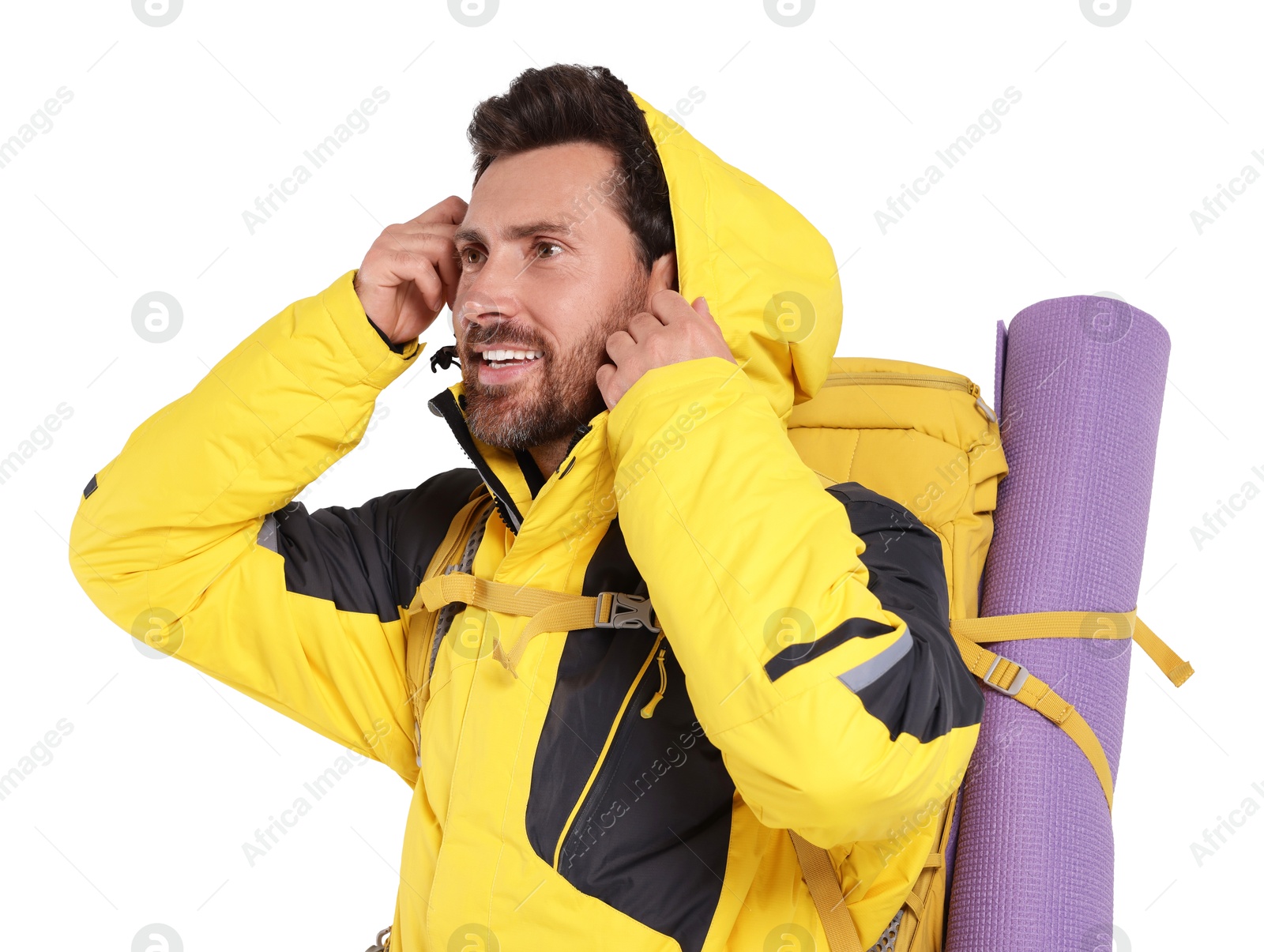 Photo of Happy man with backpack on white background. Active tourism