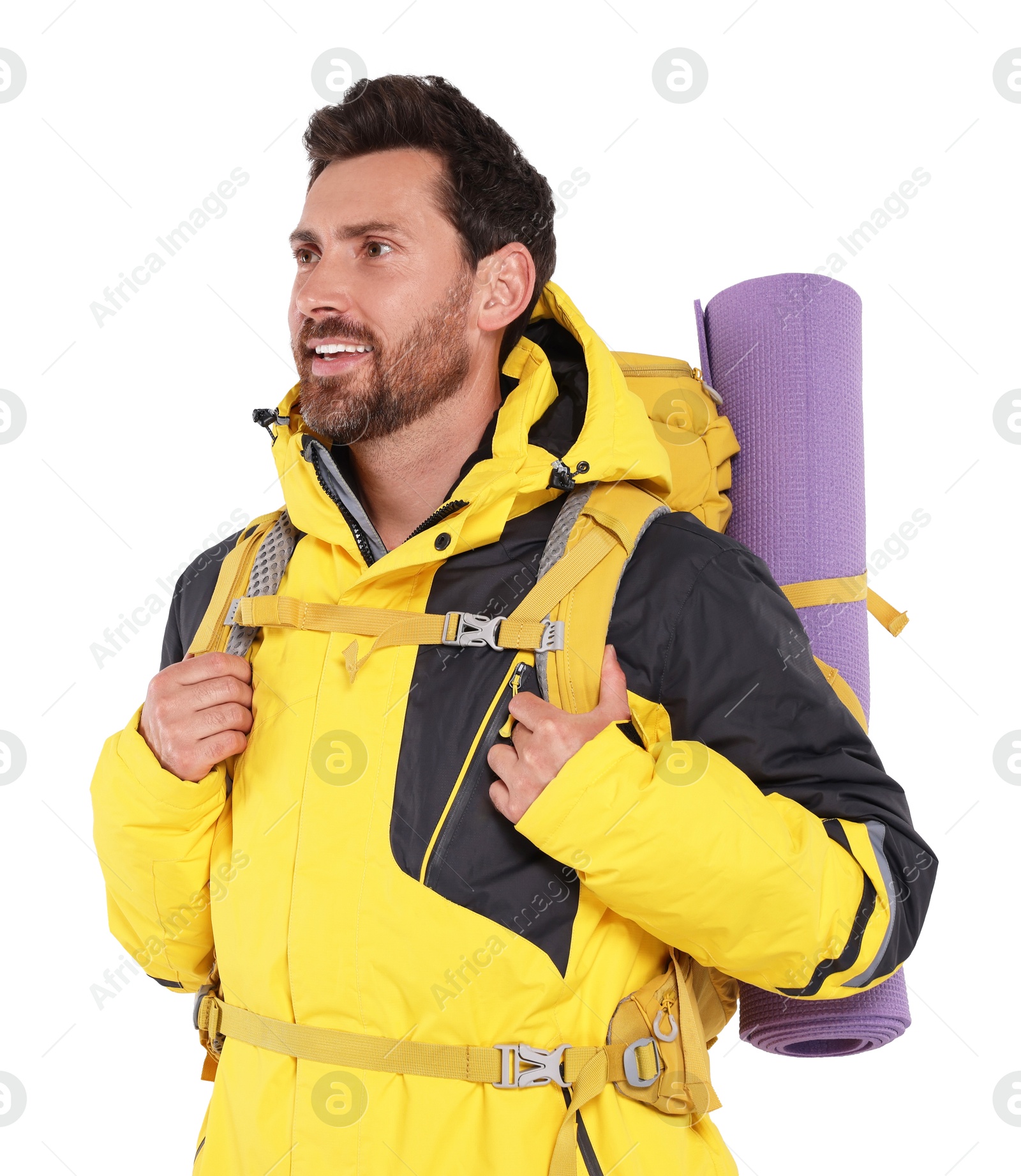 Photo of Happy man with backpack on white background. Active tourism