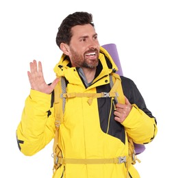 Photo of Happy man with backpack on white background. Active tourism