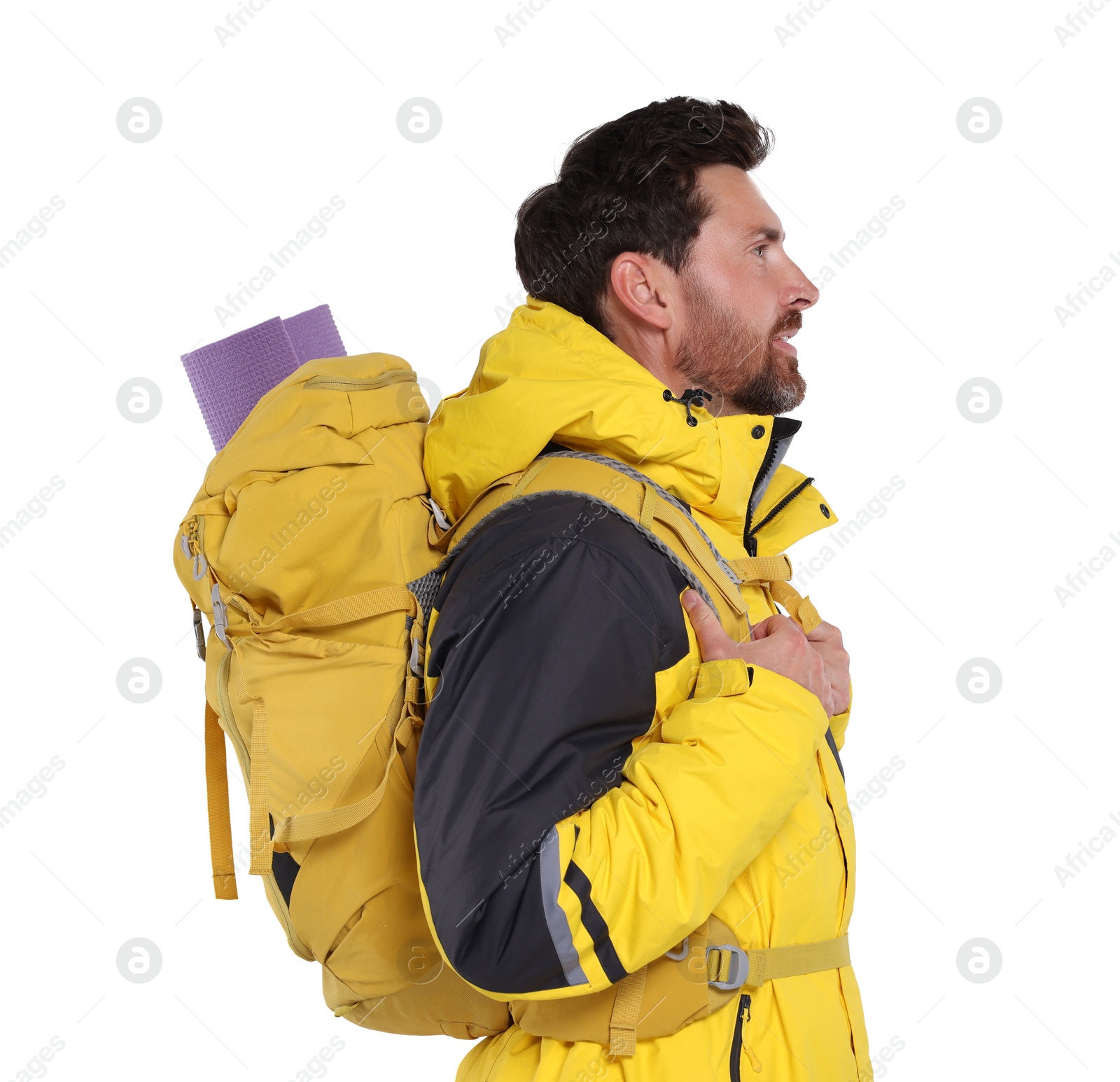 Photo of Man with backpack on white background. Active tourism