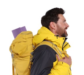 Man with backpack on white background. Active tourism