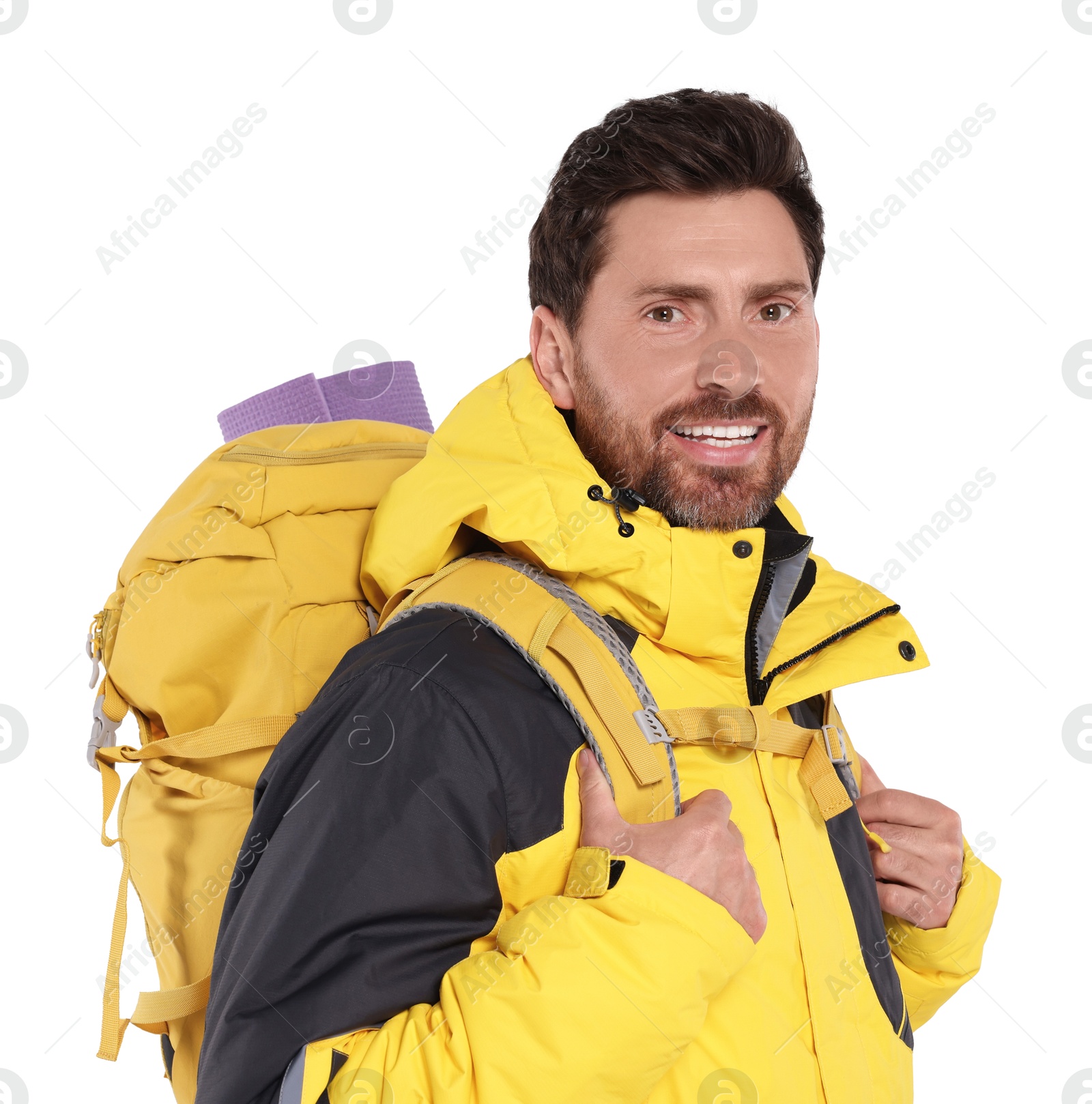 Photo of Happy man with backpack on white background. Active tourism