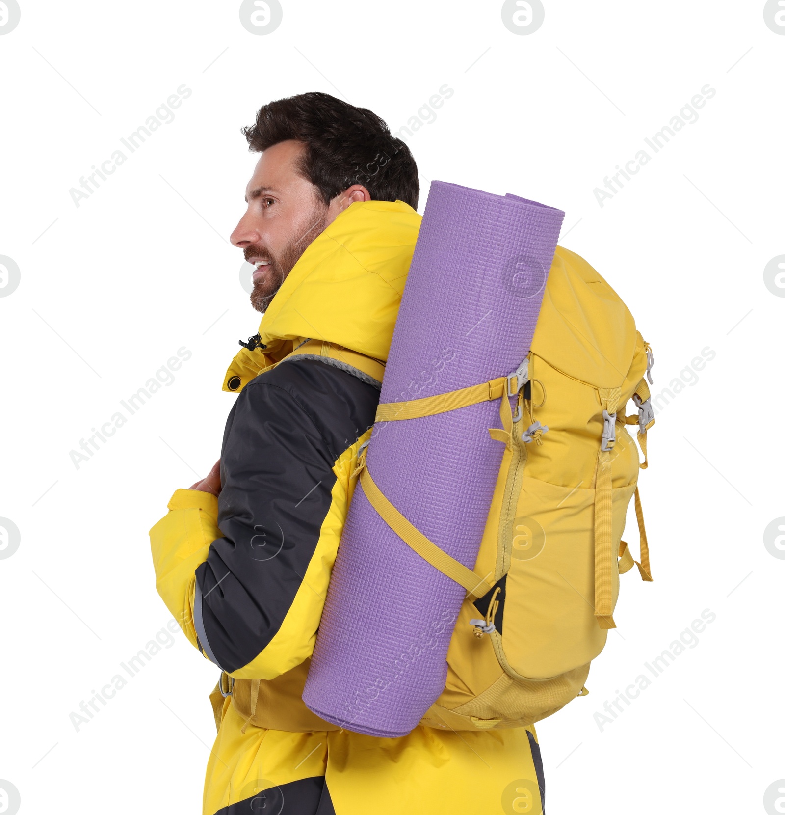 Photo of Man with backpack and mat on white background. Active tourism