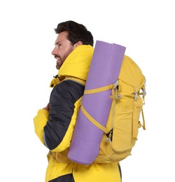 Photo of Man with backpack and mat on white background. Active tourism