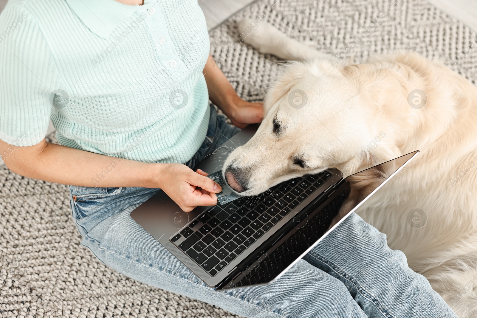 Photo of Online pet shop. Woman with laptop, credit card and cute Golden Retriever dog making order at home, closeup