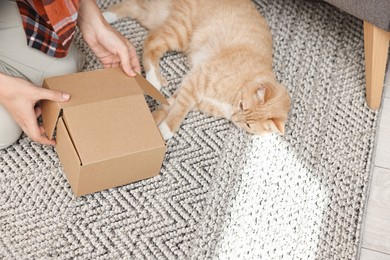 Photo of Online pet shop. Woman with cardboard box and cute cat on rug at home, closeup