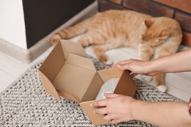 Online pet shop. Woman with cardboard box and cute cat on rug at home, closeup