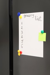 Magnetic board with grocery list and note on refrigerator in kitchen