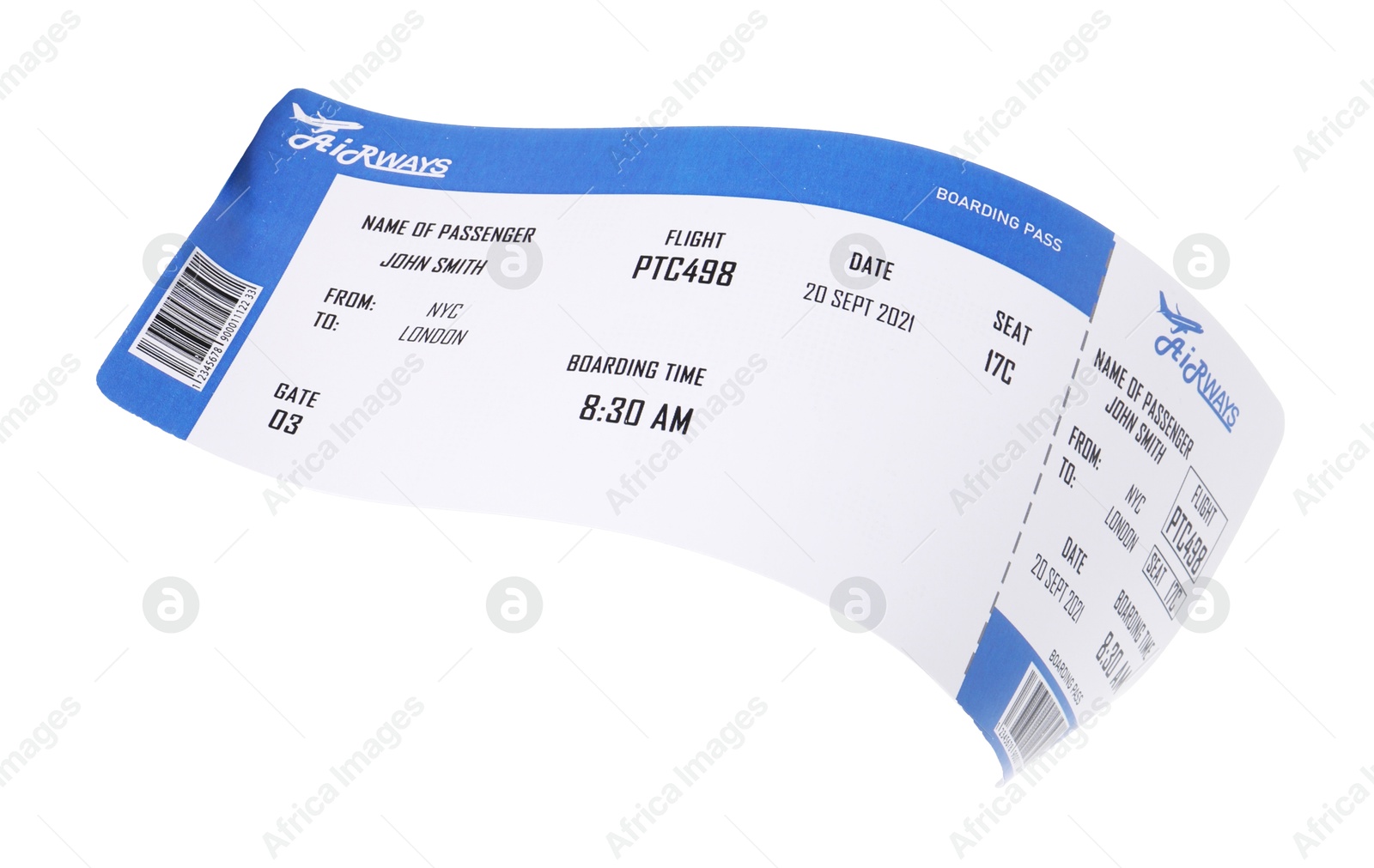 Photo of One airplane ticket isolated on white. Traveling abroad