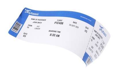 Photo of One airplane ticket isolated on white. Traveling abroad