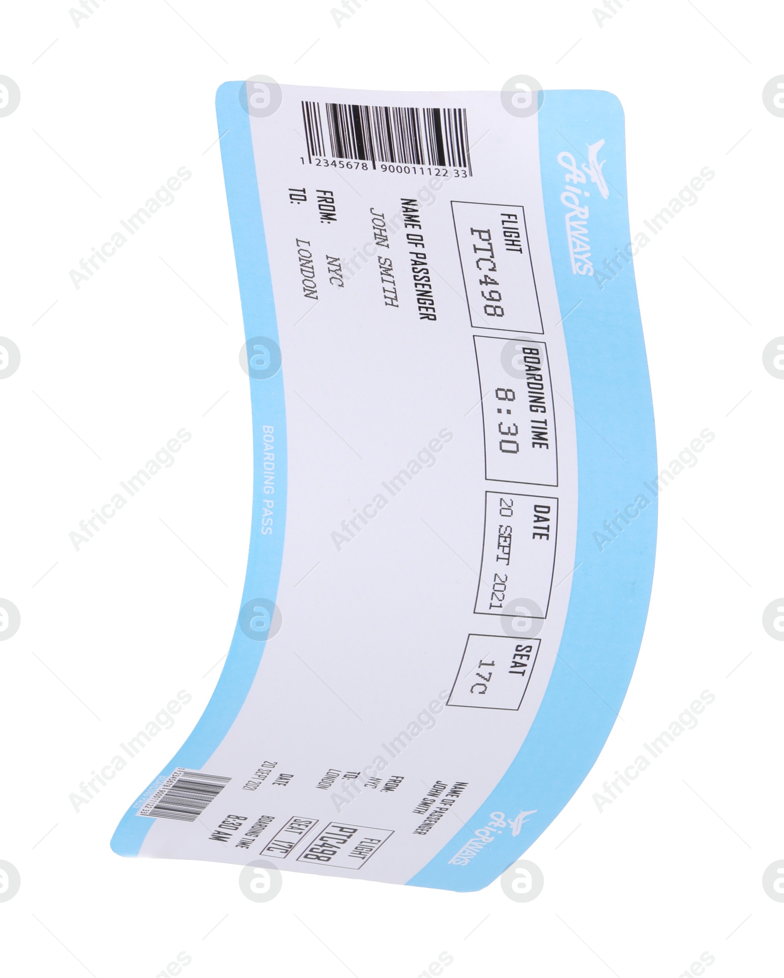 Photo of One airplane ticket isolated on white. Traveling abroad