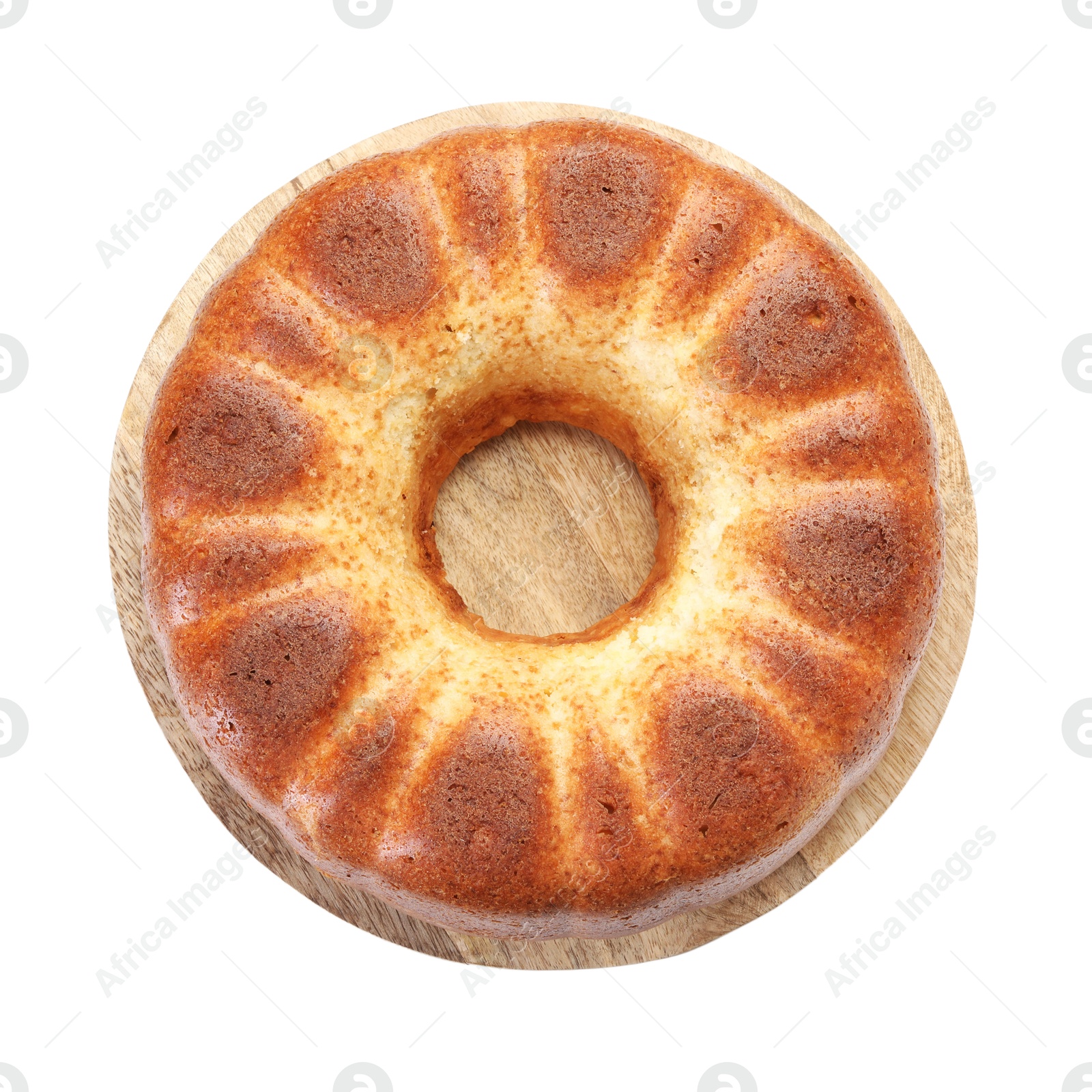 Photo of Freshly baked sponge cake isolated on white, top view