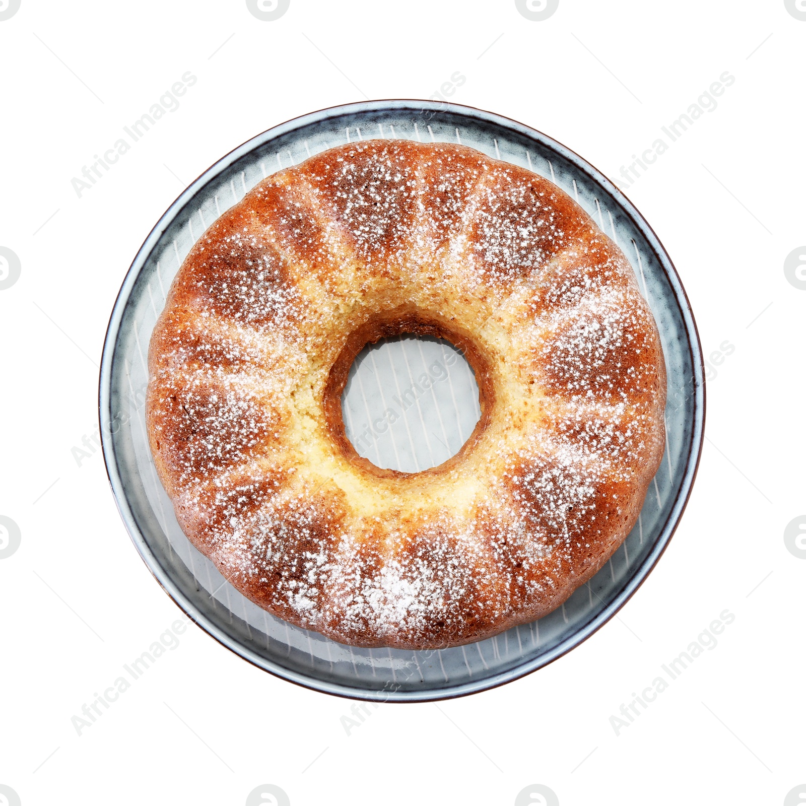 Photo of Freshly baked sponge cake isolated on white, top view