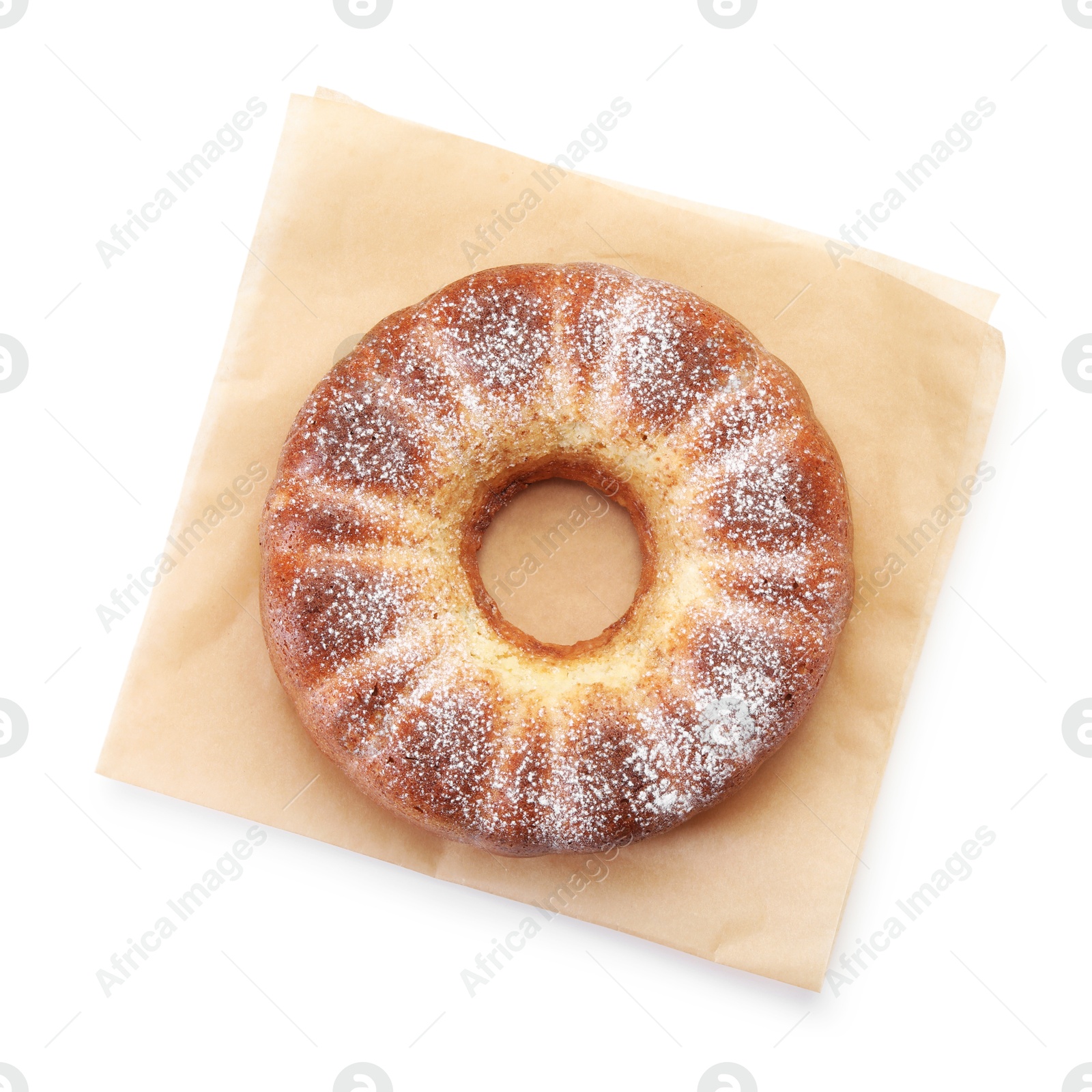 Photo of Freshly baked sponge cake isolated on white, top view