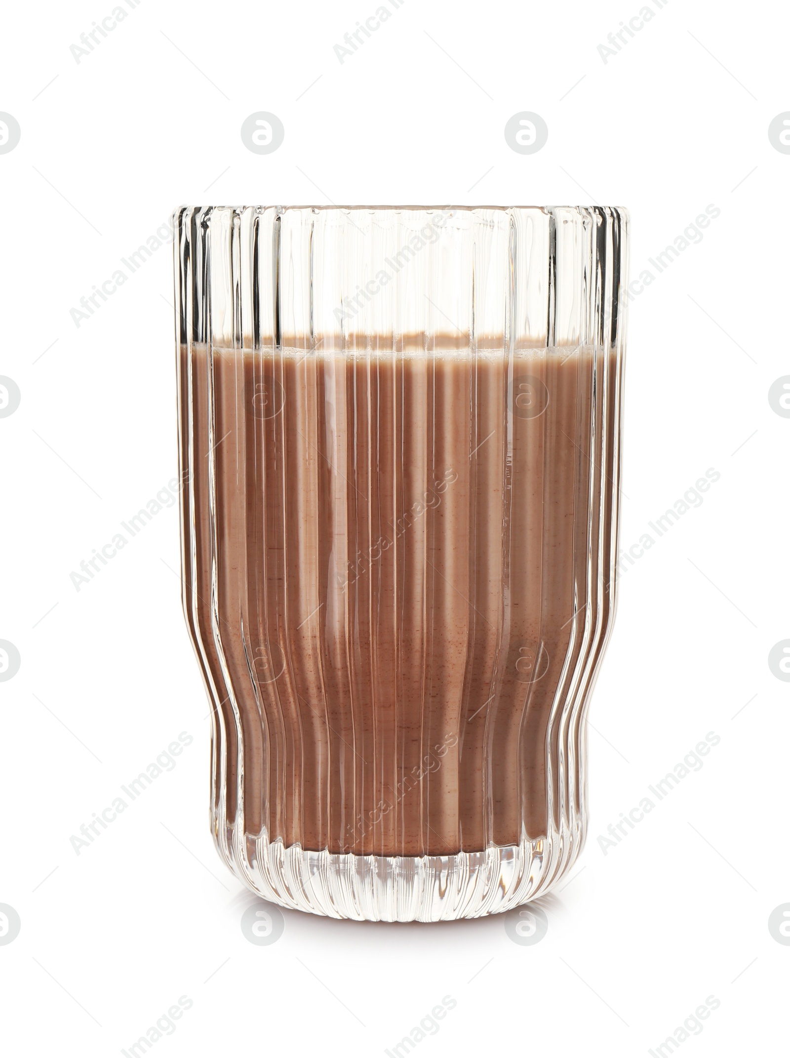 Photo of Delicious protein shake in glass isolated on white