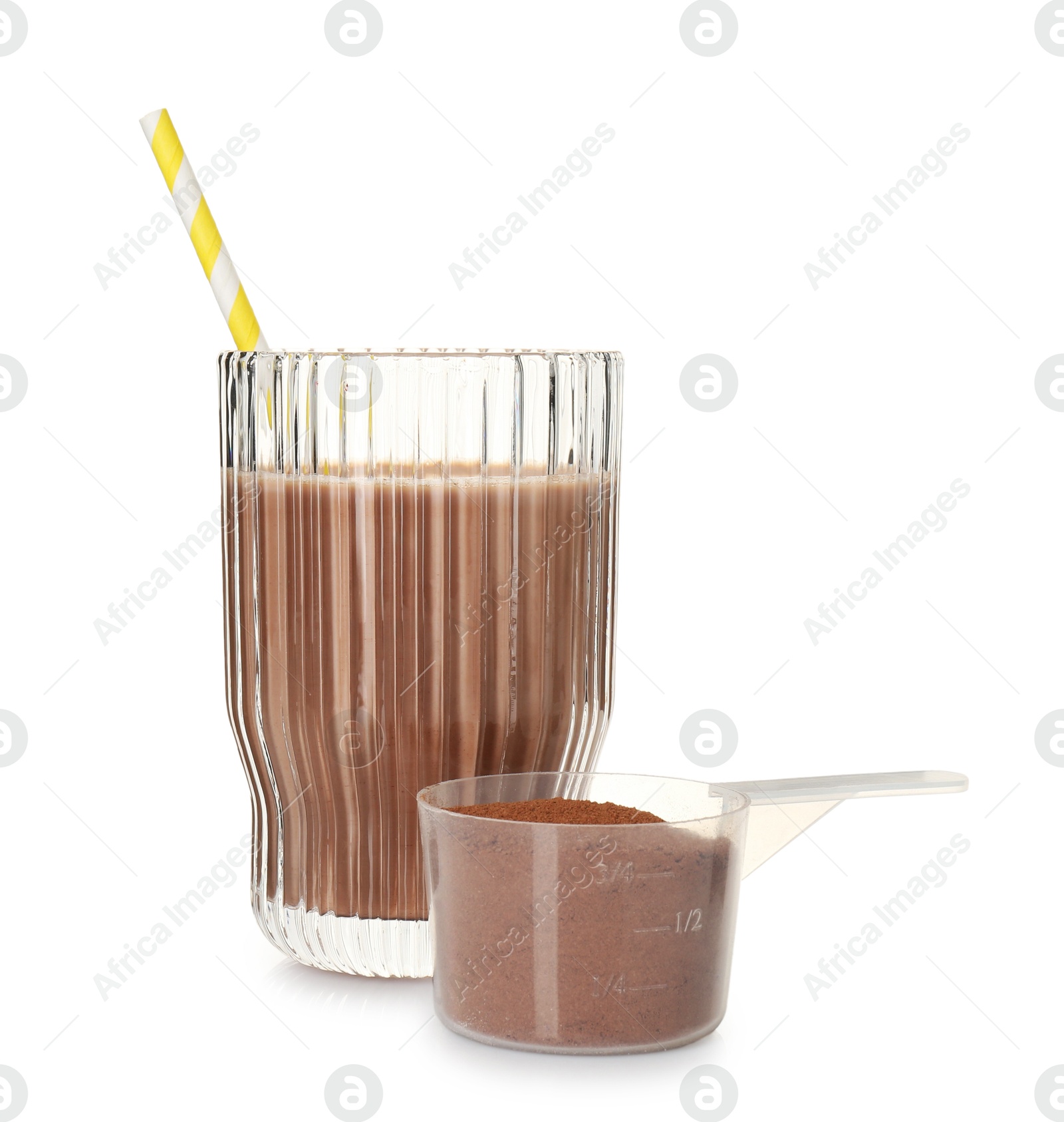 Photo of Delicious protein shake in glass and scoop with powder isolated on white