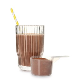 Photo of Delicious protein shake in glass and scoop with powder isolated on white