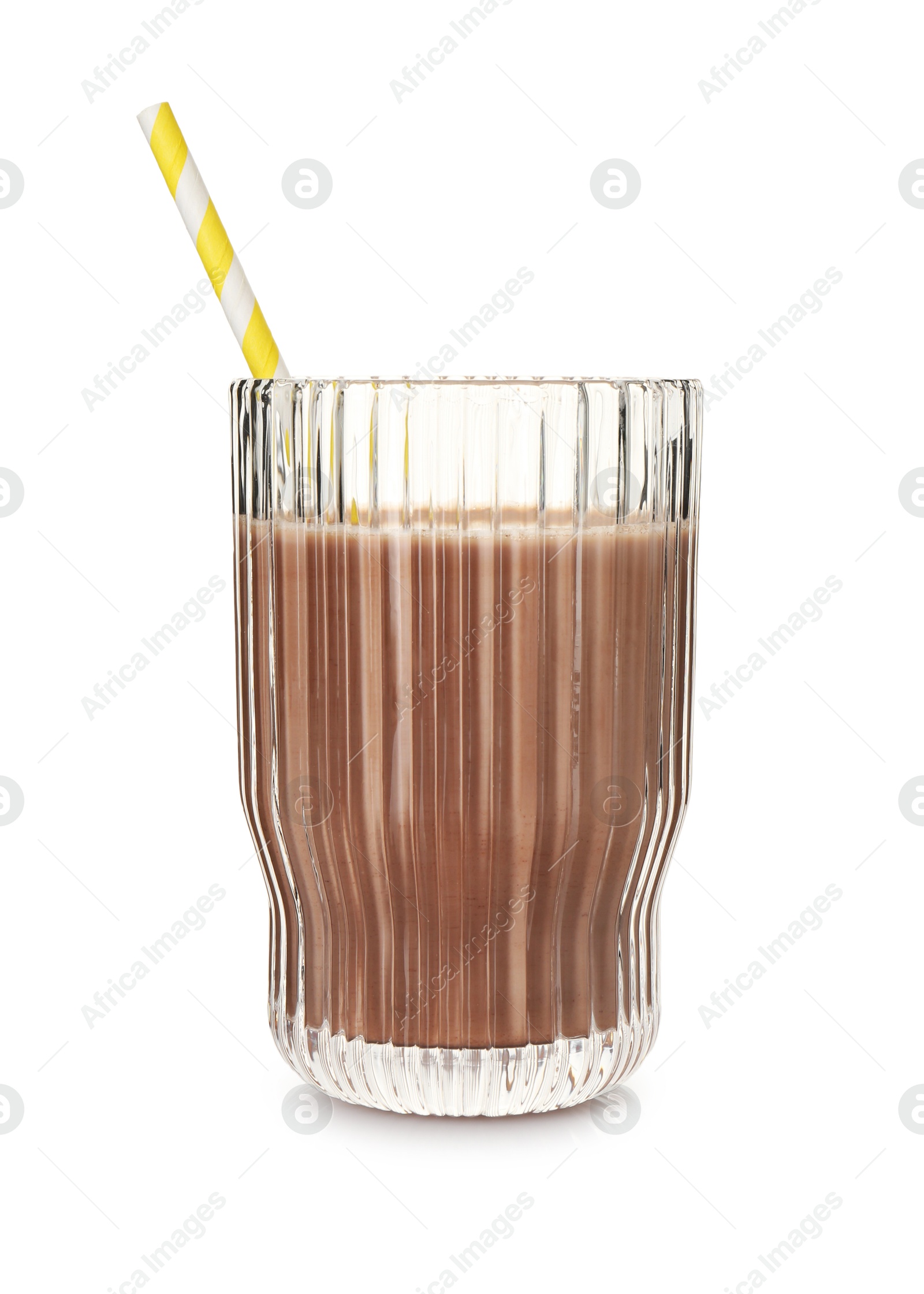 Photo of Delicious protein shake in glass isolated on white