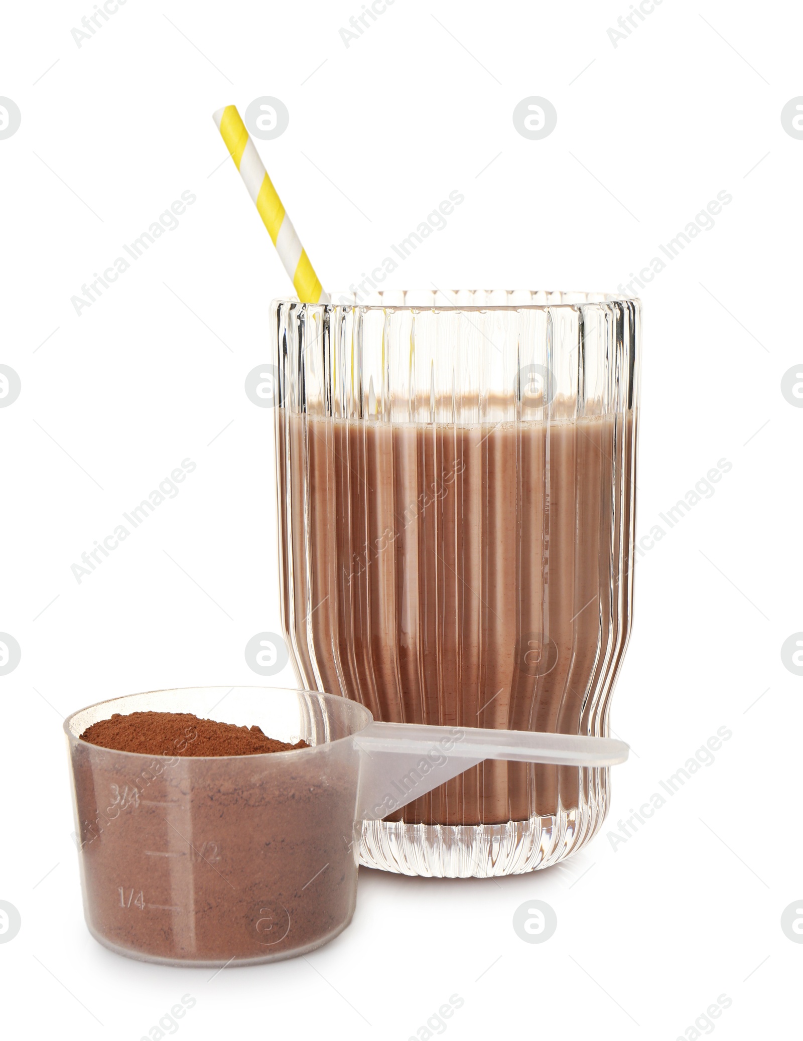 Photo of Delicious protein shake in glass and scoop with powder isolated on white