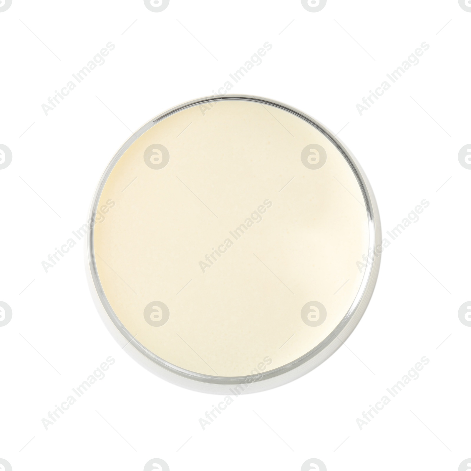 Photo of Delicious protein shake in glass isolated on white, top view