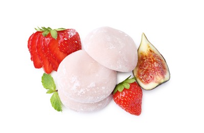 Photo of Delicious mochi, strawberries, fig and mint isolated on white, top view