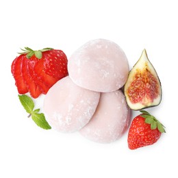 Photo of Delicious mochi, strawberries, fig and mint isolated on white, top view