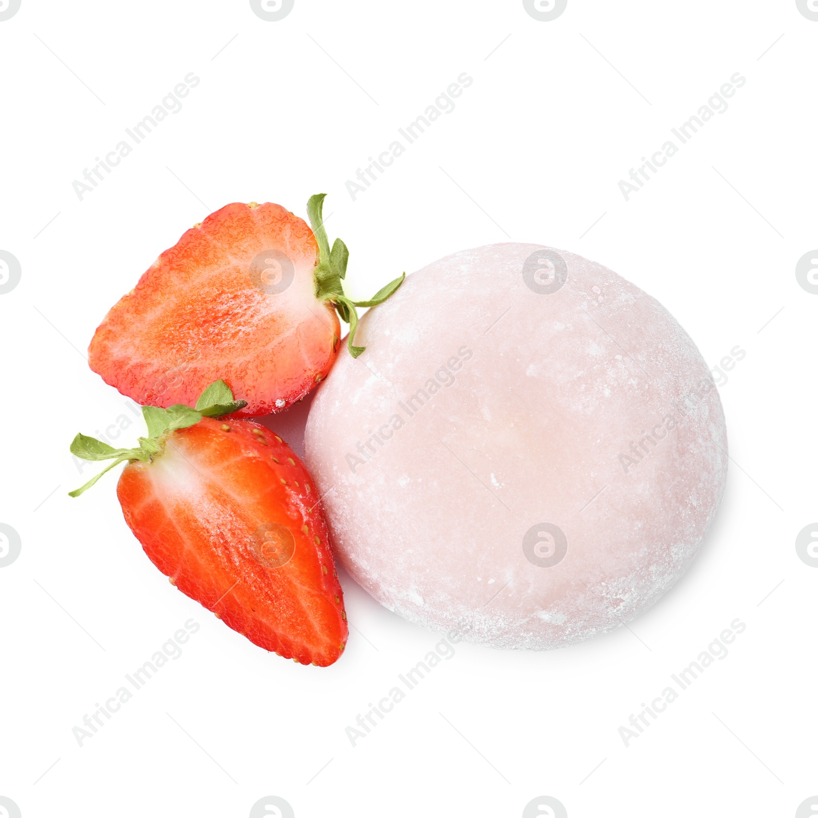 Photo of Delicious mochi and strawberry isolated on white, top view