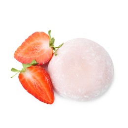 Photo of Delicious mochi and strawberry isolated on white, top view