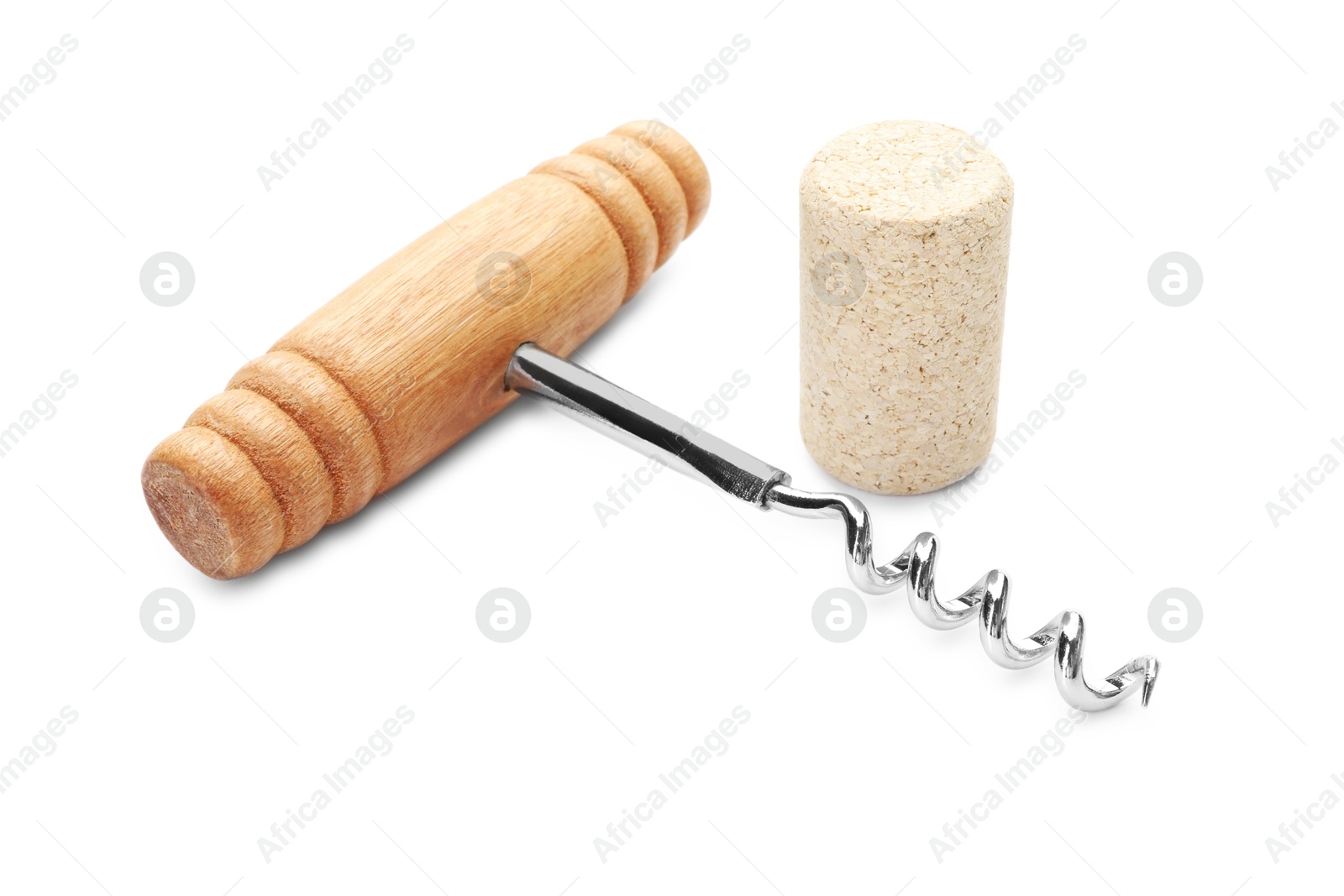 Photo of Corkscrew with wooden handle and cork isolated on white