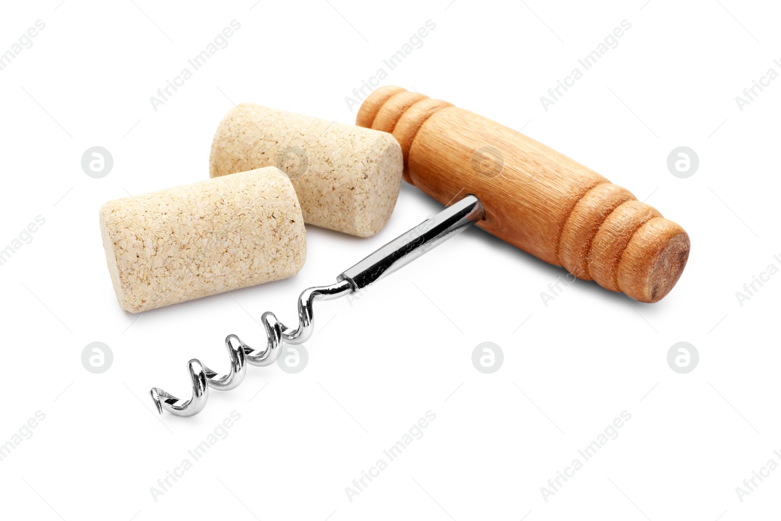 Photo of Corkscrew with wooden handle and corks isolated on white