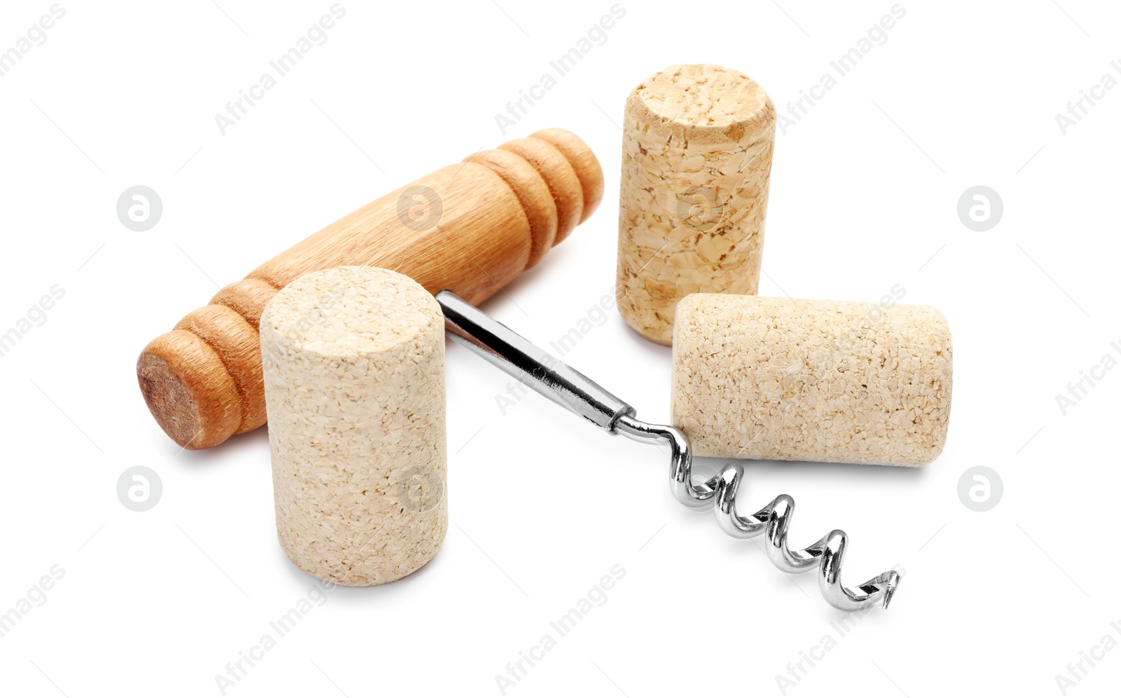 Photo of Corkscrew with wooden handle and corks isolated on white