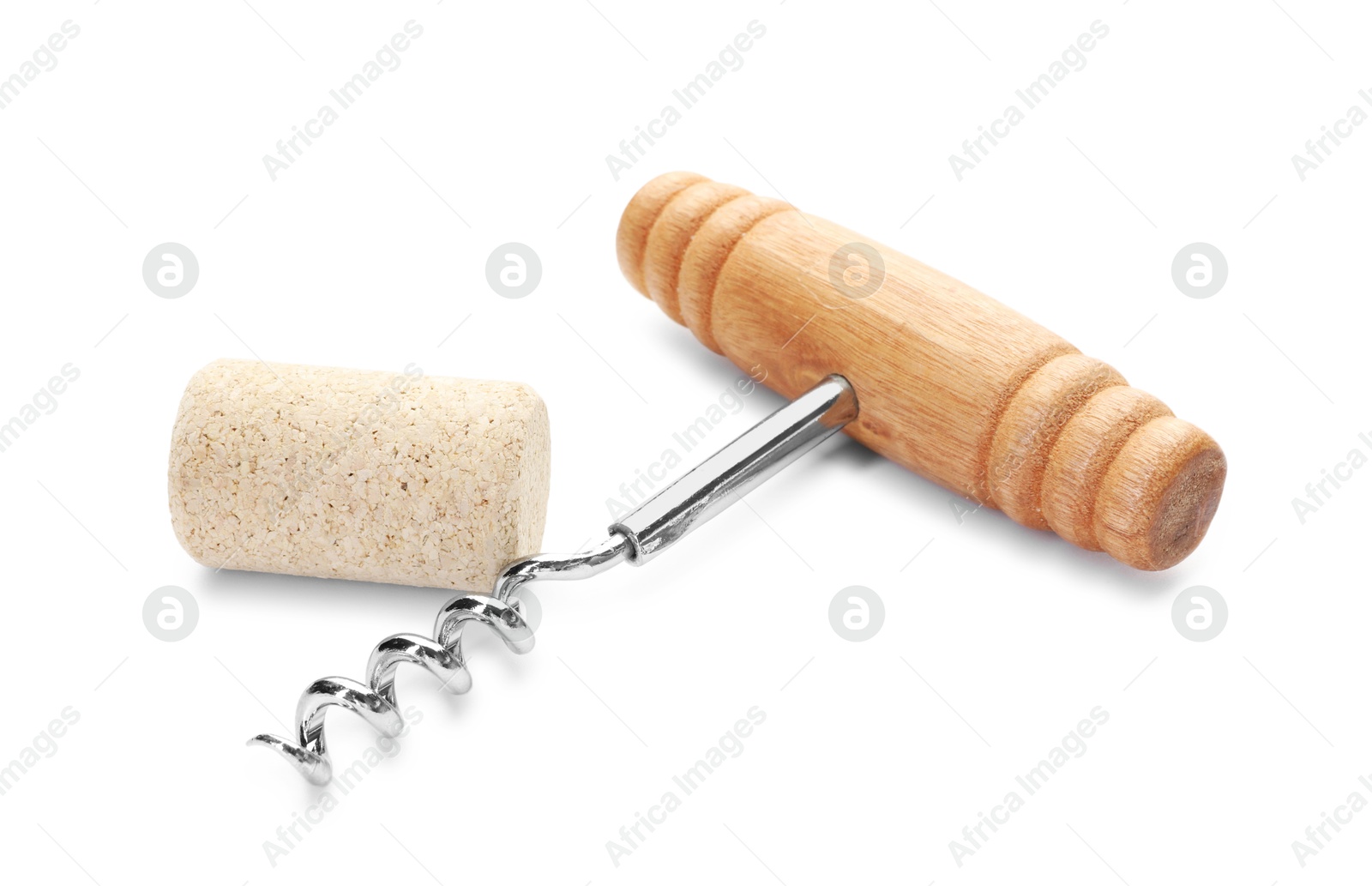 Photo of Corkscrew with wooden handle and cork isolated on white