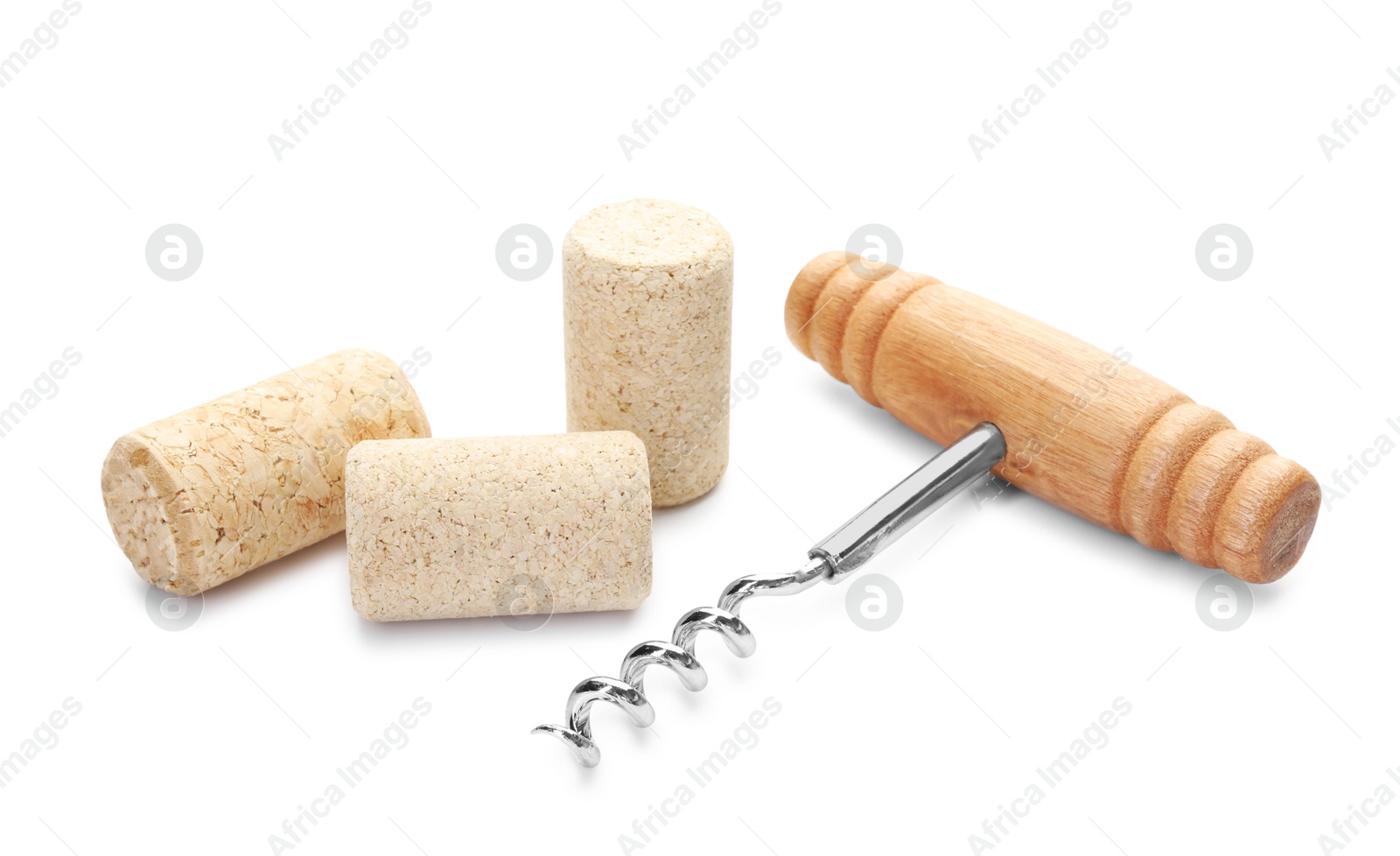 Photo of Corkscrew with wooden handle and corks isolated on white