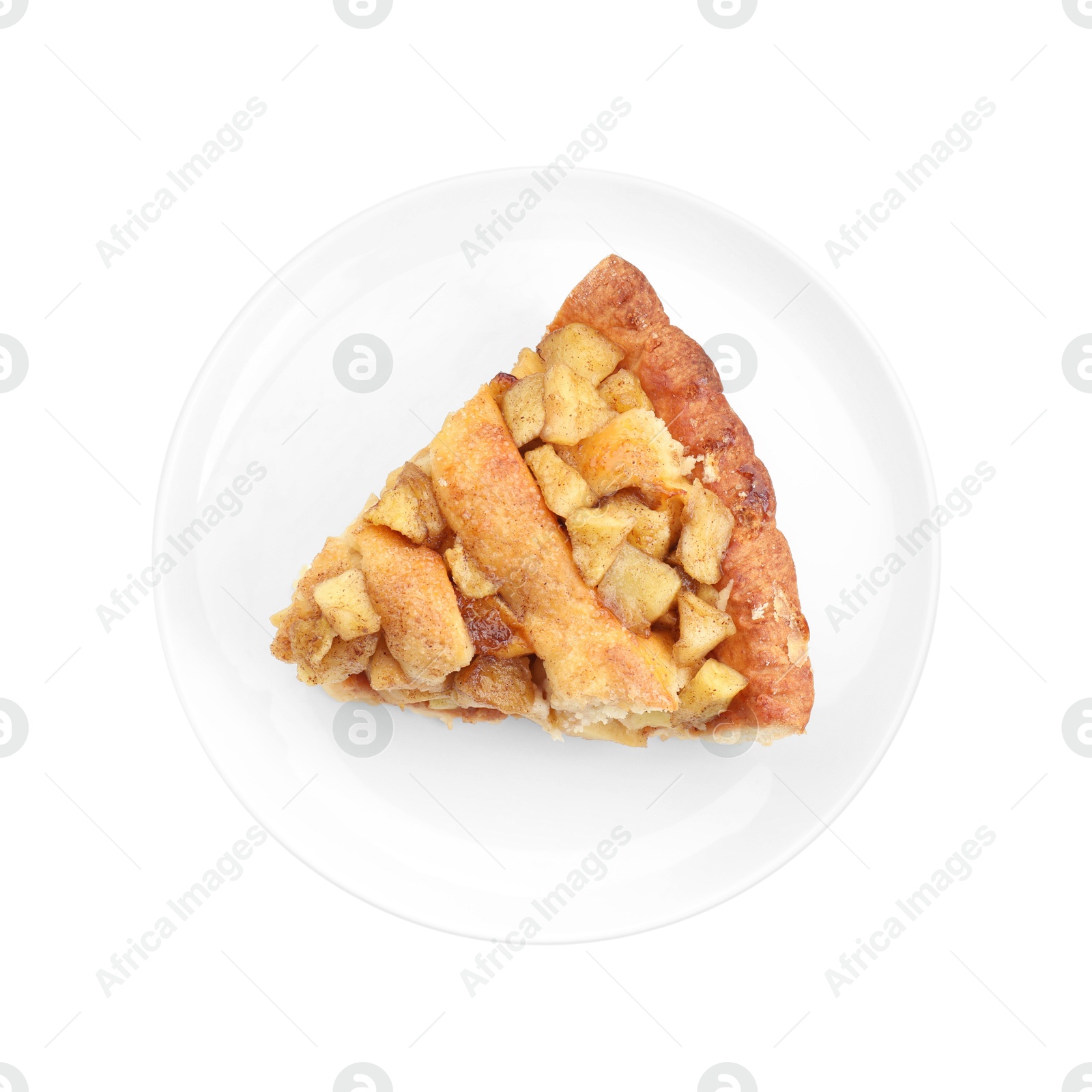 Photo of Slice of homemade apple pie isolated on white, top view