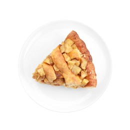 Photo of Slice of homemade apple pie isolated on white, top view