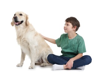 Photo of Boy with his cute dog on white background